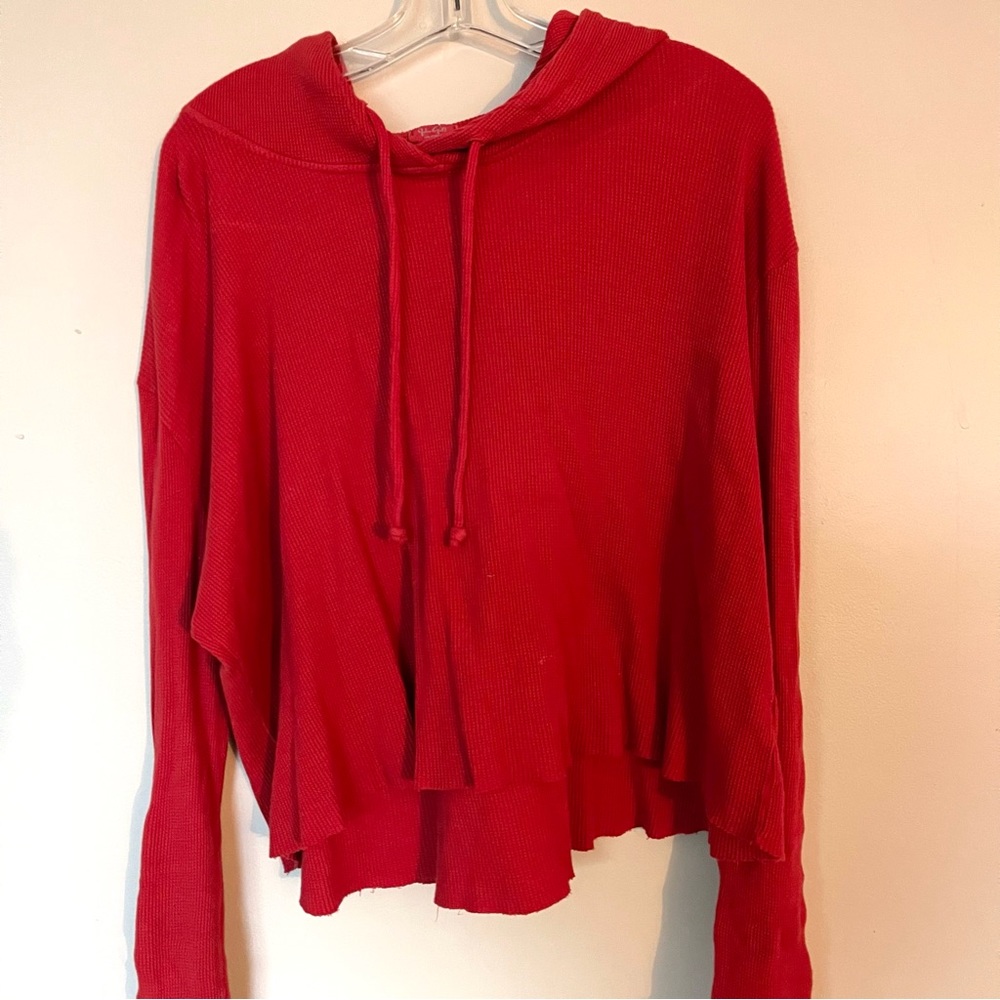 JOHN GALT Red Waffle Knit Cropped Hooded Sweater